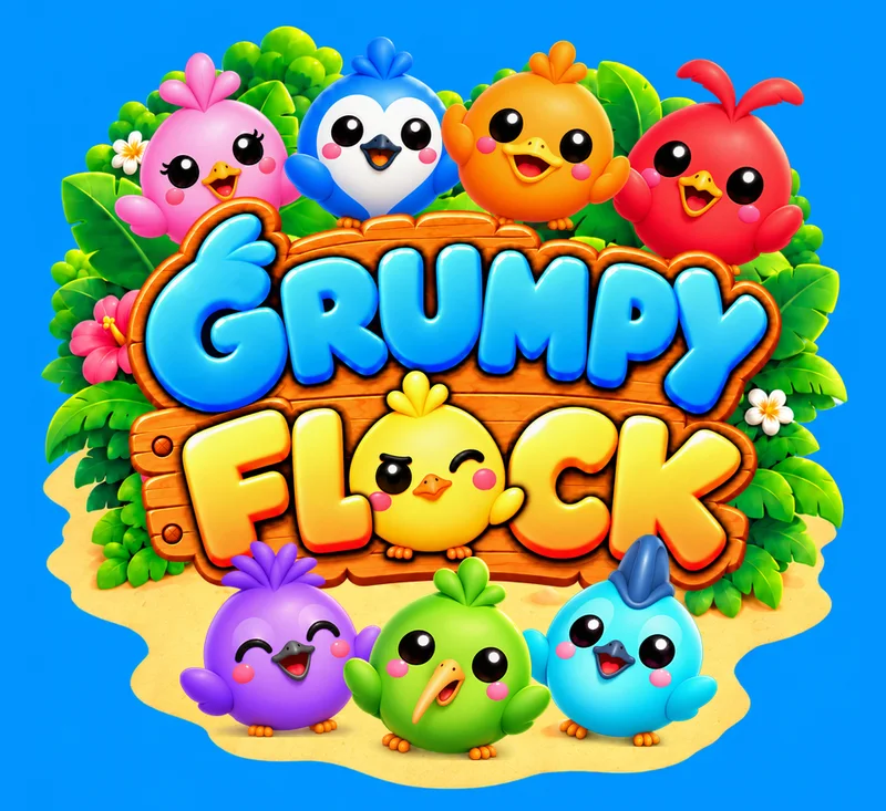 Grumpy Flock key art with colourful round birds on a sandy island